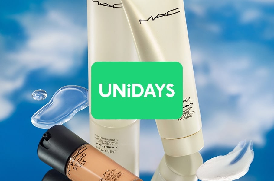 UNiDAYS logo overlayed over mac bestsellers and swatches