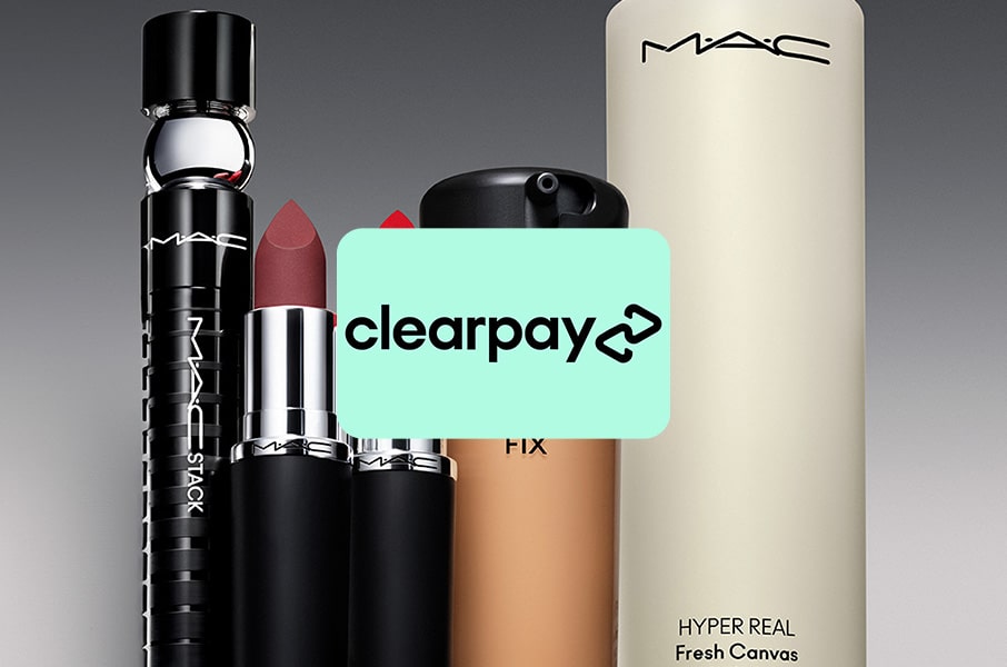 Clearpay badge over image of MAC bestsellers