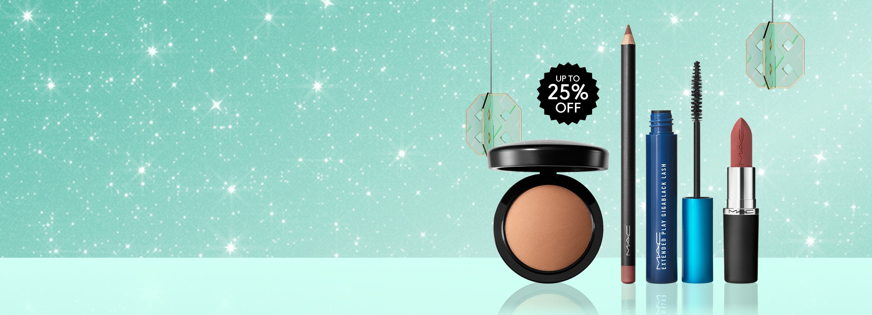 Makeup products on mint sparkling background