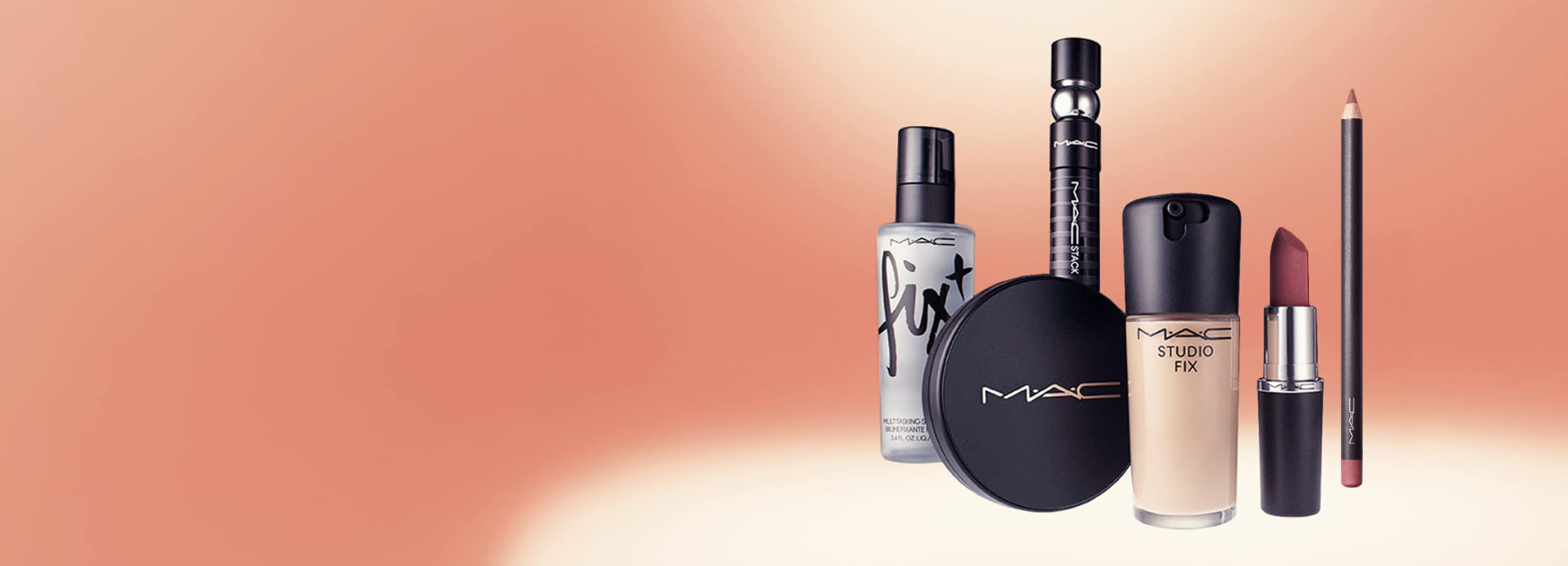 Selection of bestselling MAC products in front of a soft orange background gradient