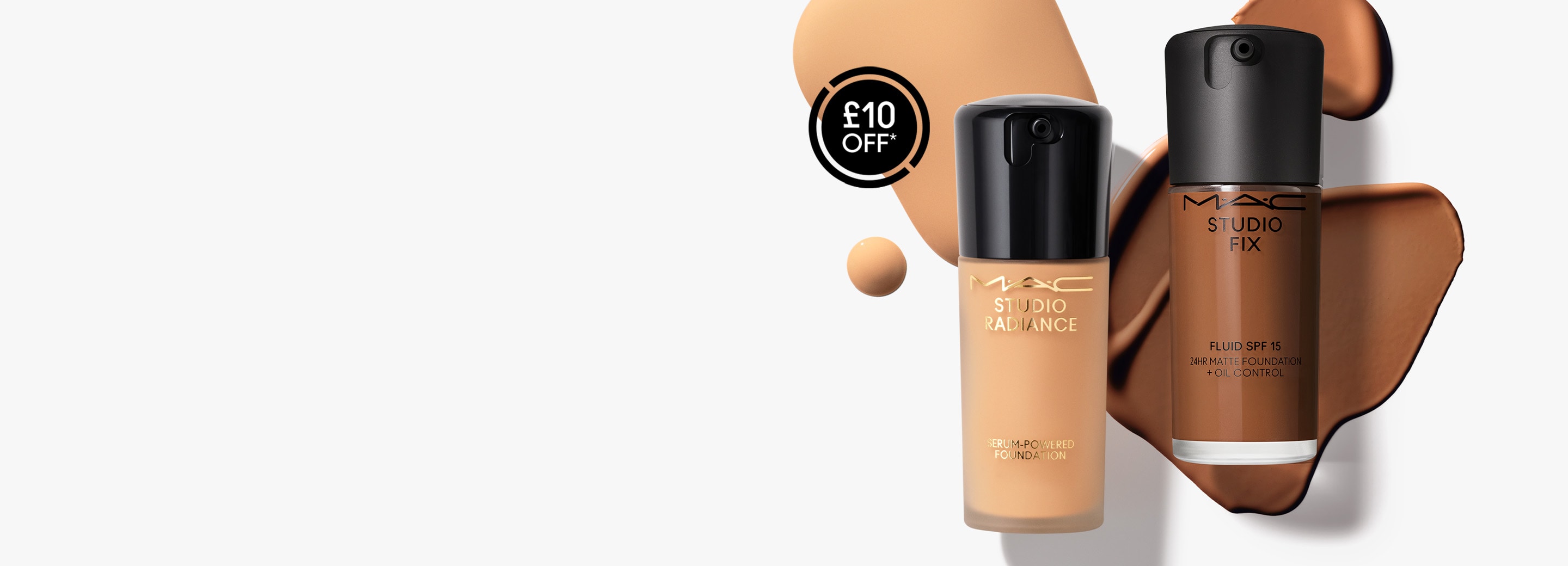 Model and makeup products on grey background