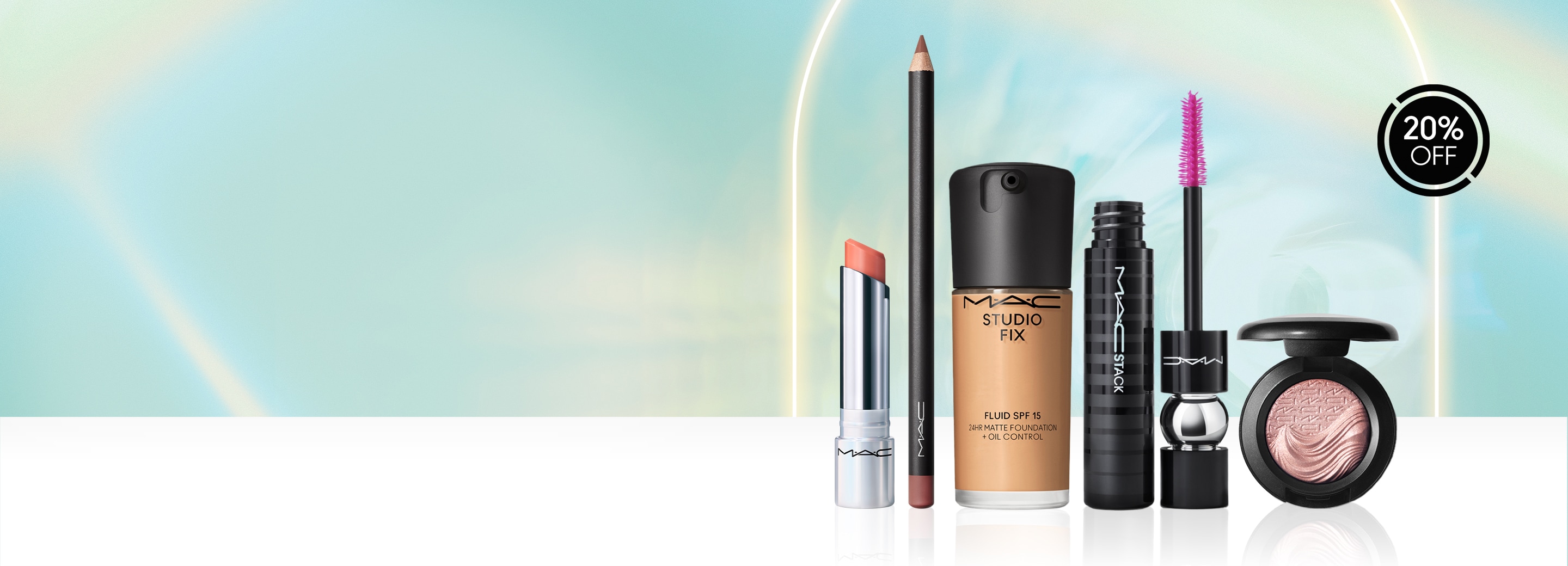 Mac products on a pink and orange background