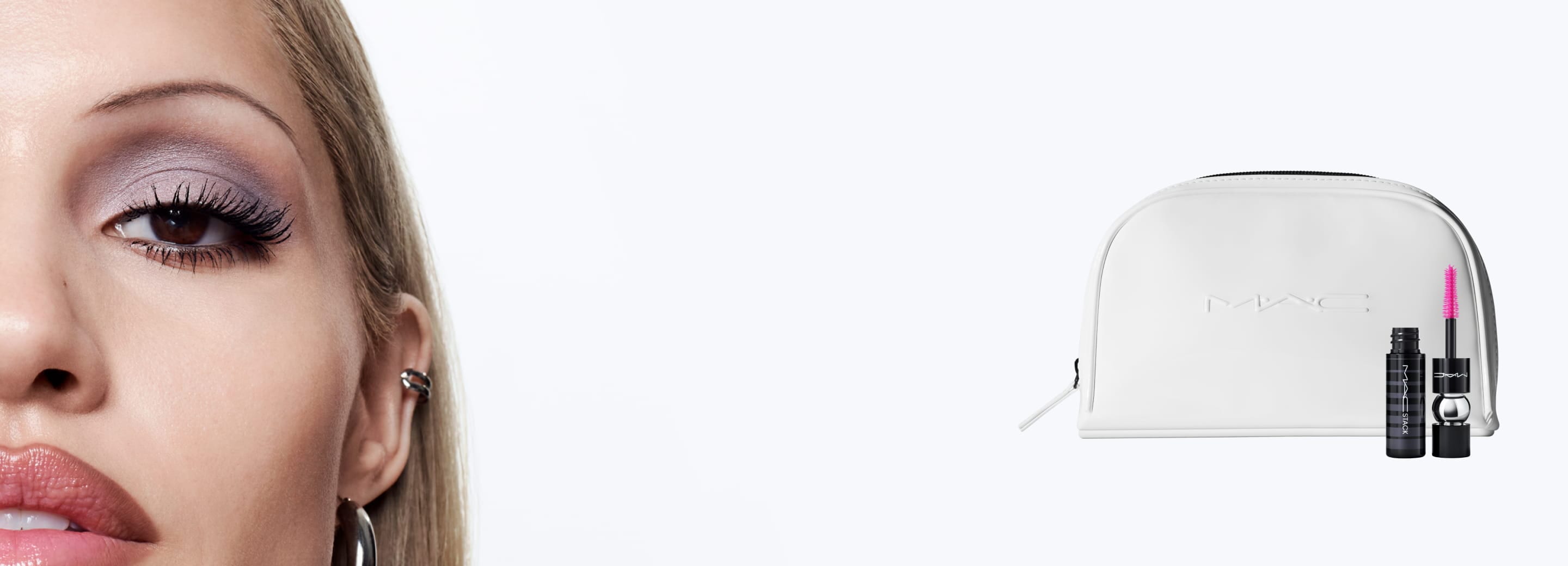 Gabriette, white makeup bag and mini macstack on white background