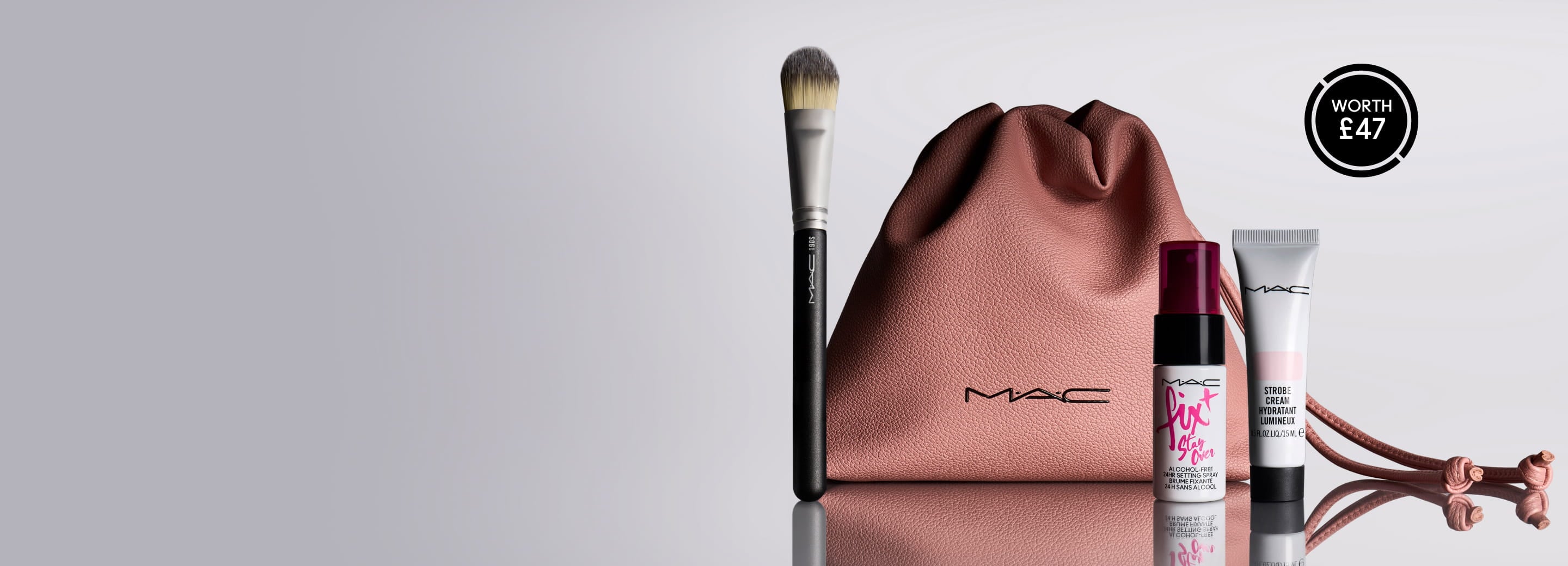 Gabriette, white makeup bag and mini macstack on white background