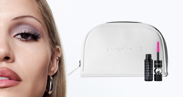 Gabriette, white makeup bag and mini macstack on white background