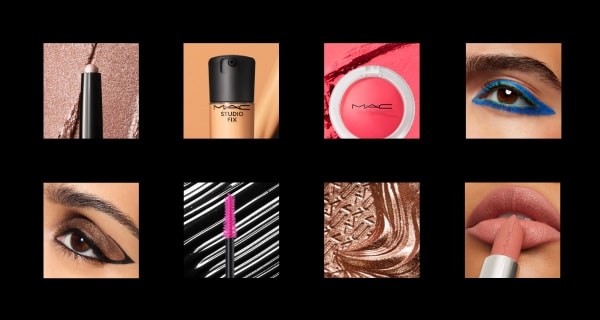 mix of products and models in squares on black background