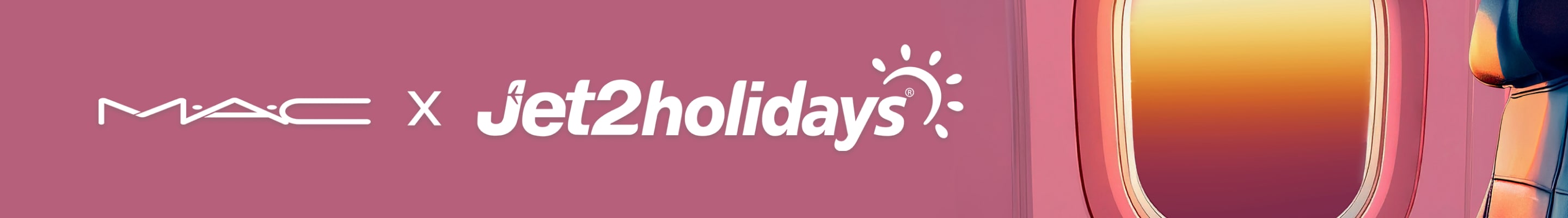 jet2holiday x mac logo and airplane window with sunset background