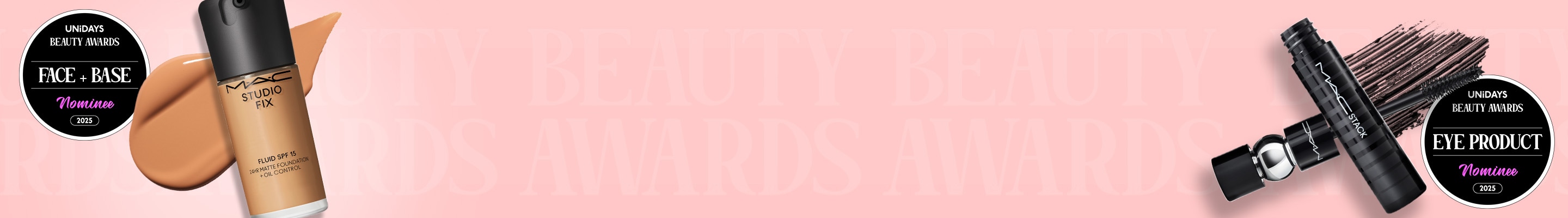 Pink background with lip and blush products