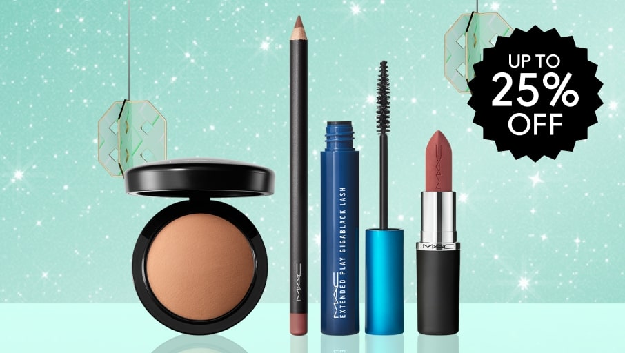 makeup products on sparkly mint background