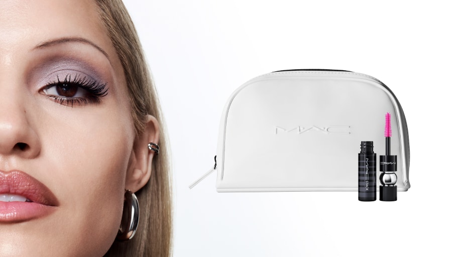 Gabriette, white makeup bag and mini macstack on white background