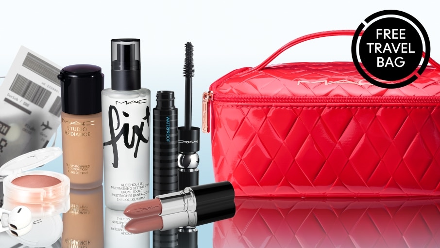 MAC products and red travel bag