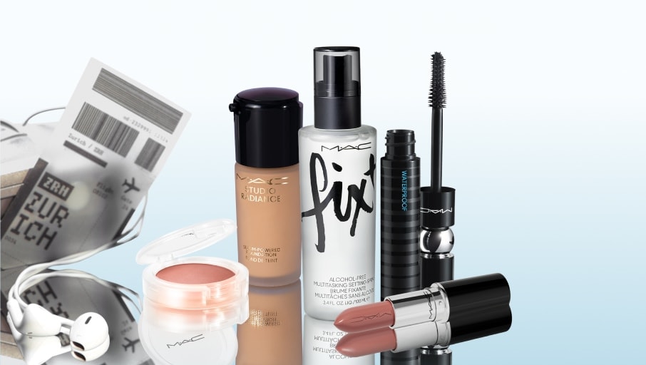 MAC products and red travel bag