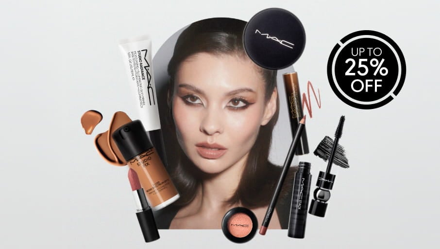 Model and makeup products on grey background