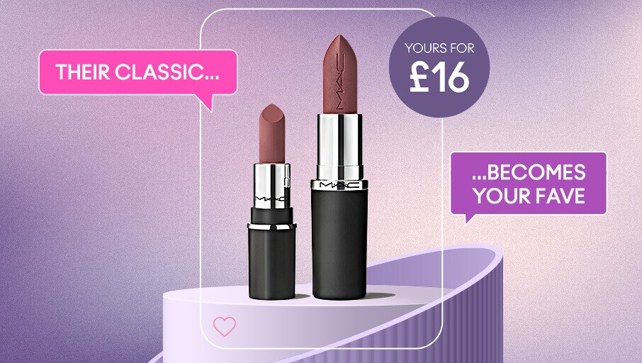 Full size lipstick next to a mini lipstick