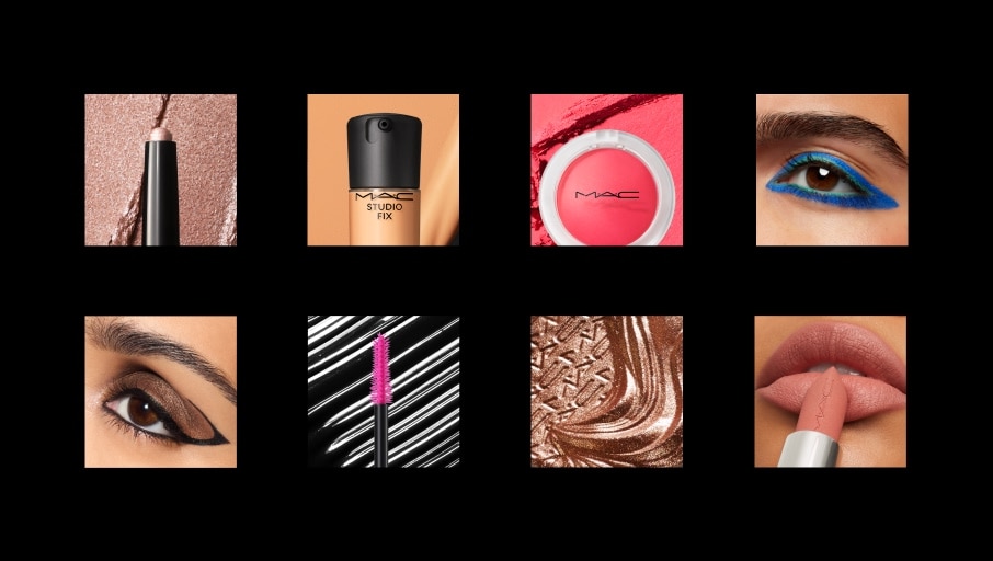 mix of products and models in squares on black background