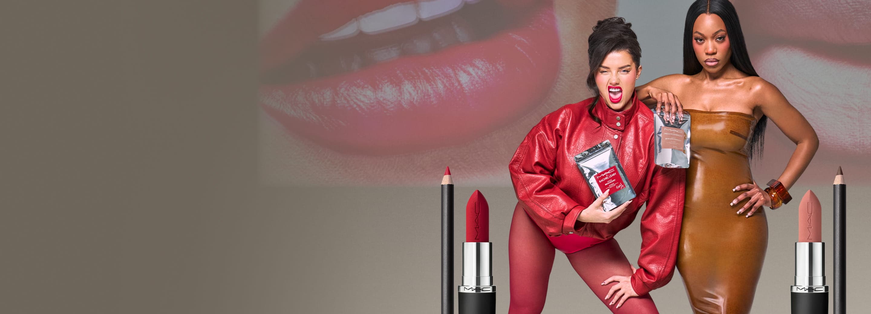 Rachel Leary and Mikai McDermott standing with their red and nude lipkits