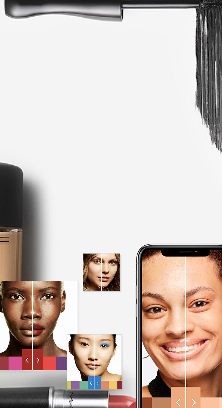 Square crops of different models using Virtual Try On, surrounded by MAC icons and swatches