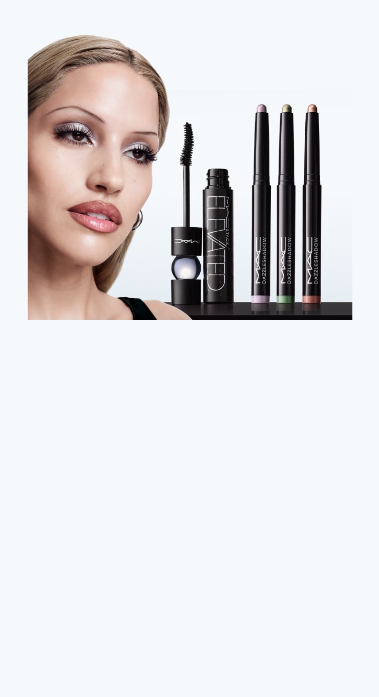 Gabriette next to macstack elevated mascara and three dazzleshadow eye sticks
