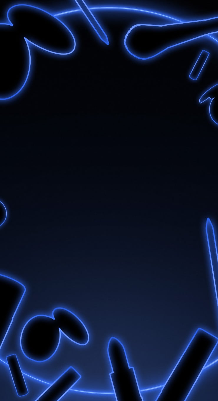 Array of mystery blue outlined MAC products floating in front of a black background
