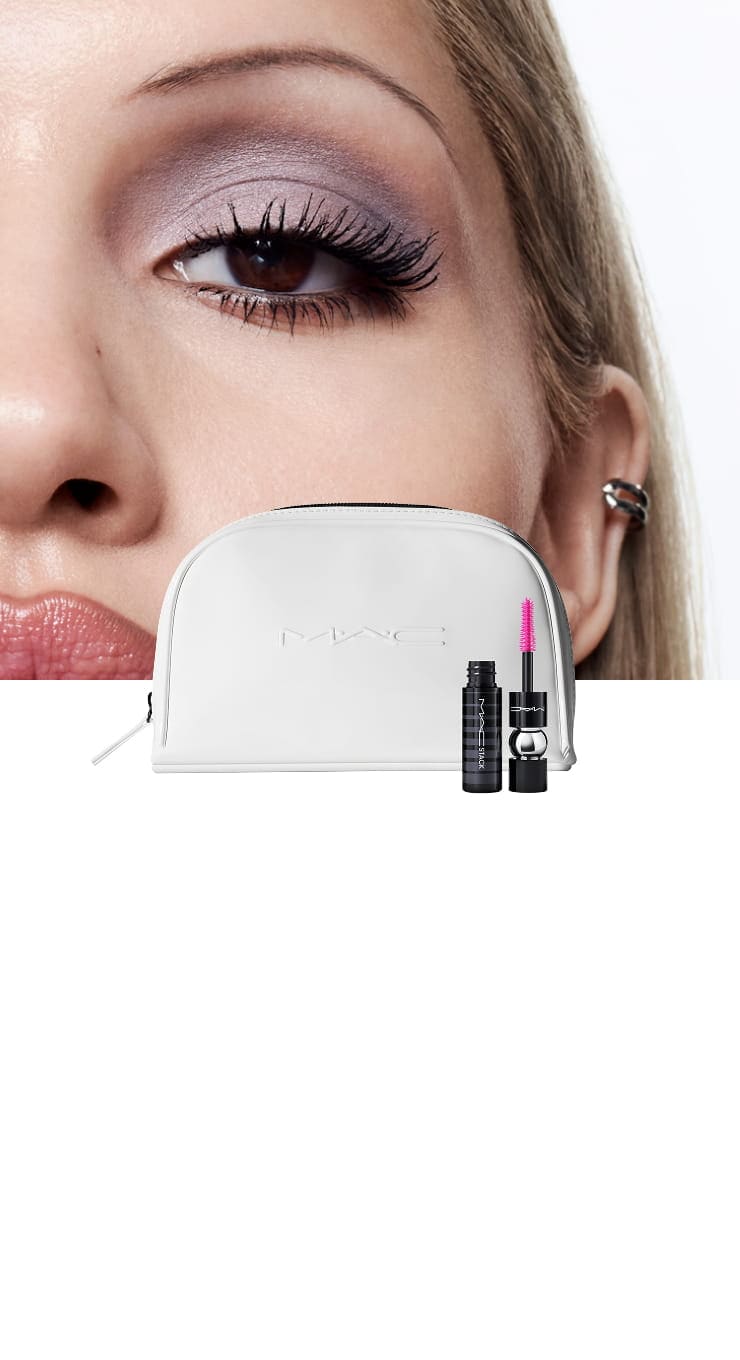 Gabriette, white makeup bag and mini macstack on white background