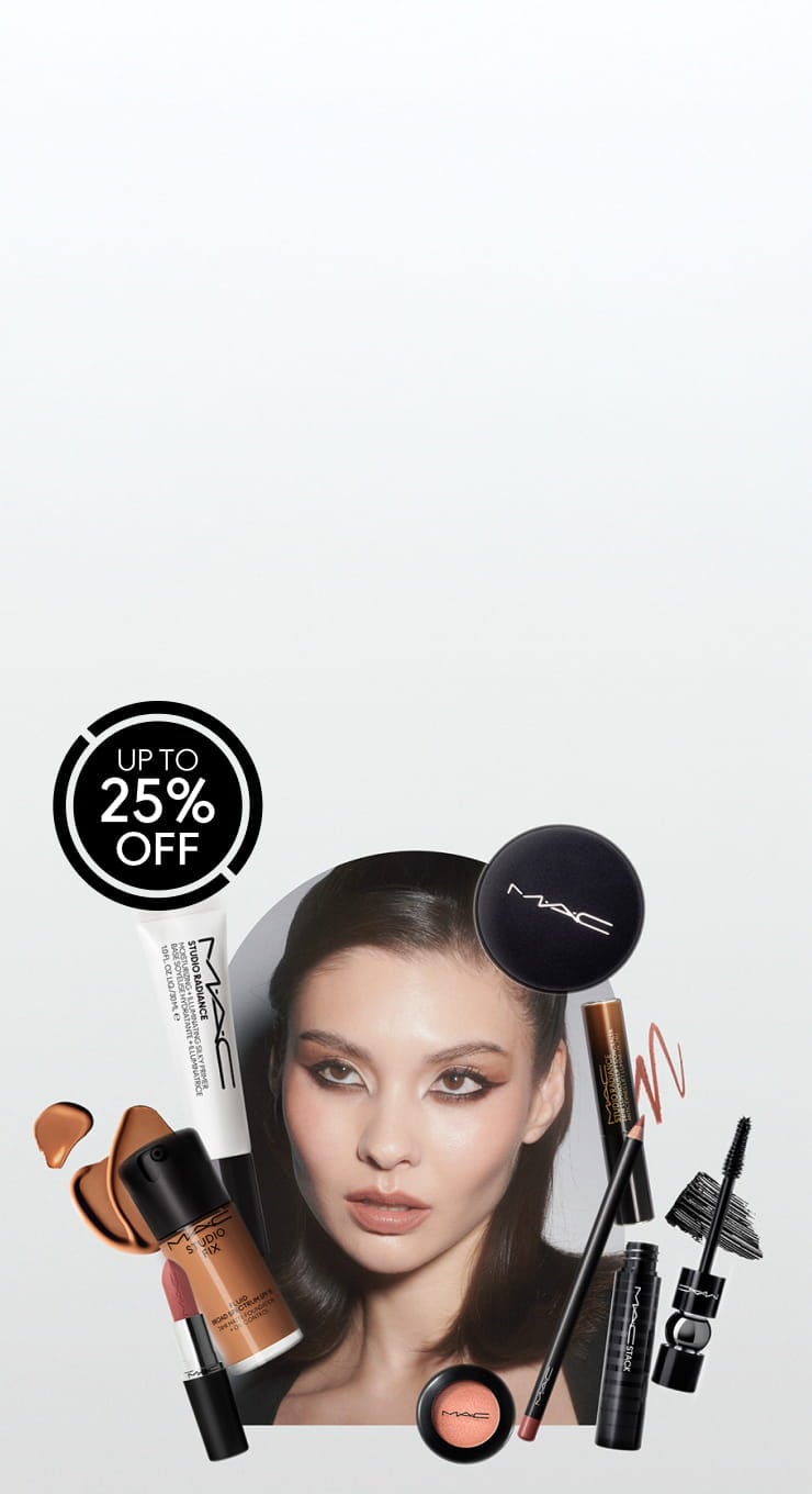 Model and makeup products on grey background