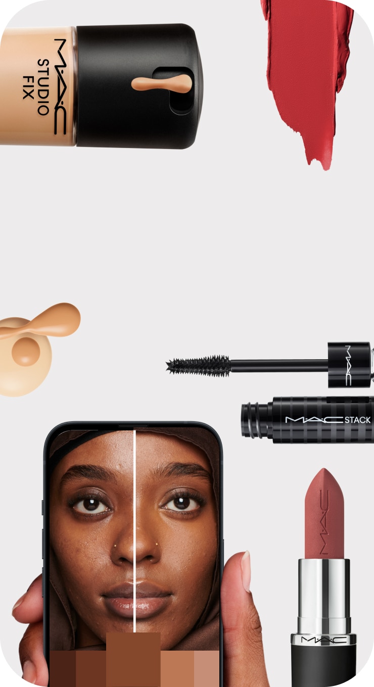 Square crops of different models using Virtual Try On, surrounded by MAC icons and swatches